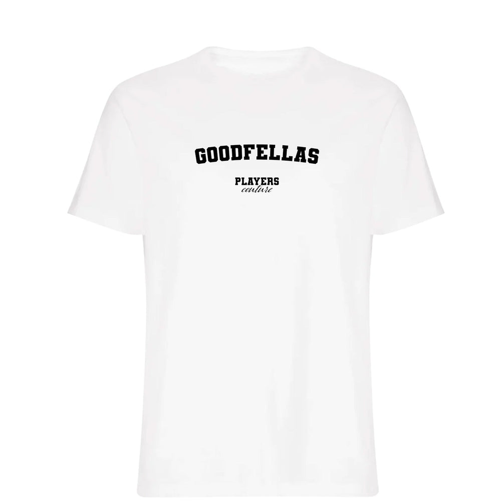Goodfellas men's T-shirt in white with bold name lettering