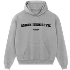 Goran Ivanisevic hoodie – grey men's hoodie with black Goran Ivanisevic letters and Players Couture logo on the chest