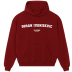 Goran Ivanisevic hoodie – red men's hoodie with white Goran Ivanisevic letters and Players Couture logo on the chest
