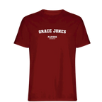 Grace Jones t-shirt – red men's t-shirt with white Grace Jones letters and Players Couture logo on the chest