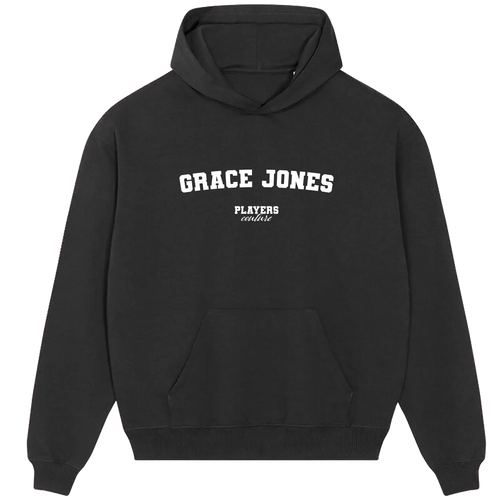 Grace Jones hoodie – black men's hoodie with white Grace Jones letters and Players Couture logo on the chest