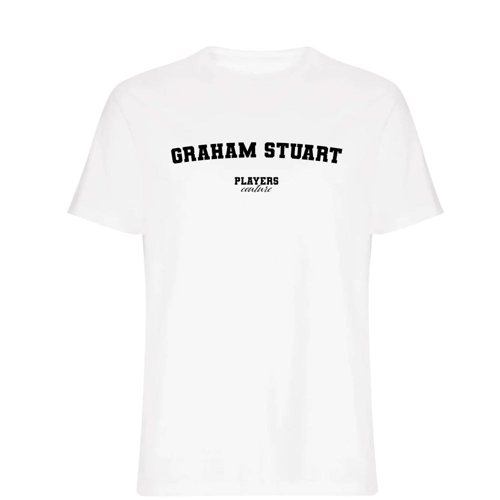 Graham Stuart men's T-shirt in white with bold name lettering