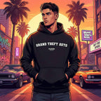 Grand Theft Auto hoodie – navy men's hoodie with white Grand Theft Auto letters and Players Couture logo on the chest