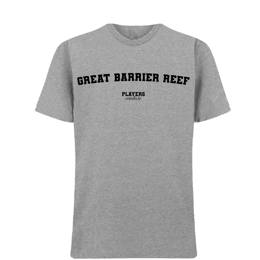 Great Barrier Reef men's T-shirt in grey with bold name lettering