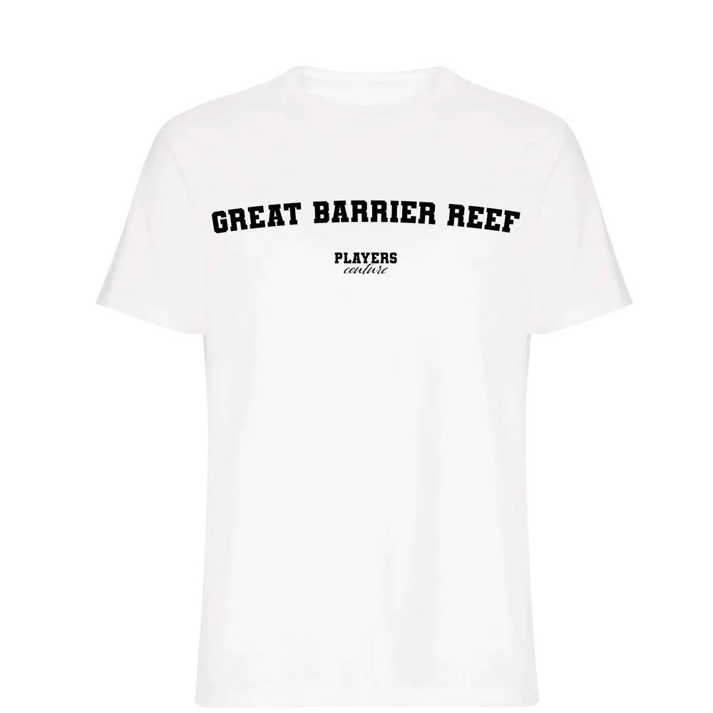 Great Barrier Reef men's T-shirt in white with bold name lettering