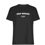 Greg Norman t-shirt – black men's t-shirt with white Greg Norman letters and Players Couture logo on the chest