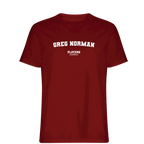Greg Norman t-shirt – red men's t-shirt with white Greg Norman letters and Players Couture logo on the chest