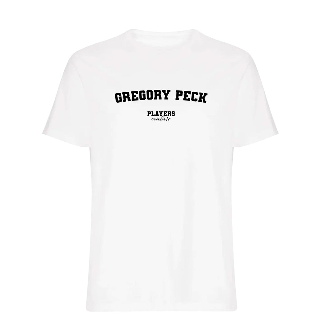 Gregory Peck men's T-shirt in white with bold name lettering