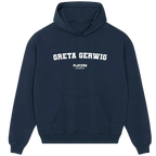 Greta Gerwig hoodie – navy men's hoodie with white Greta Gerwig letters and Players Couture logo on the chest