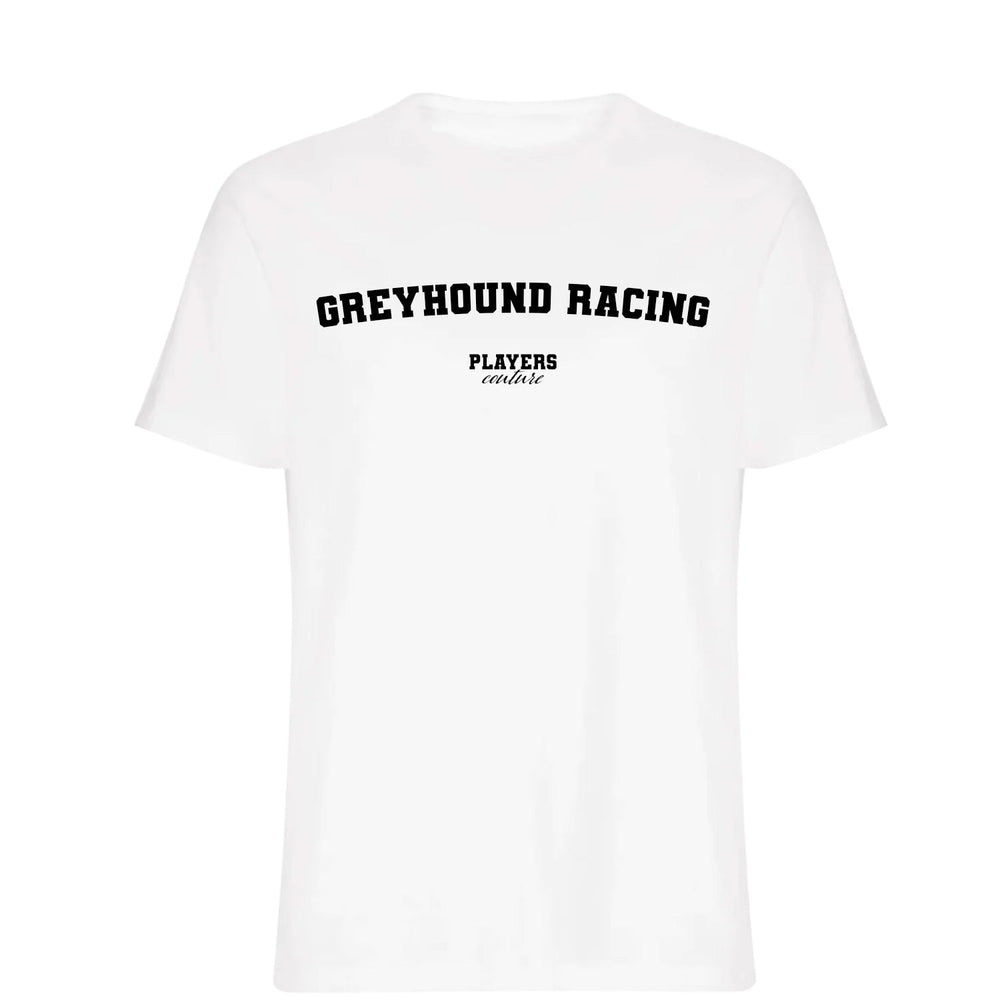 Greyhound Racing men's T-shirt in white with bold name lettering