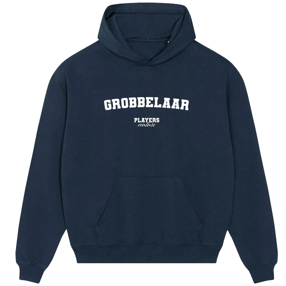 Navy blue Grobbelaar Players Couture men's casual hoodie with front pocket and white text