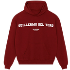 Guillermo del Toro hoodie – red men's hoodie with white Guillermo del Toro letters and Players Couture logo on the chest