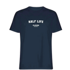 Half Life t-shirt – navy men's t-shirt with white Half Life letters and Players Couture logo on the chest