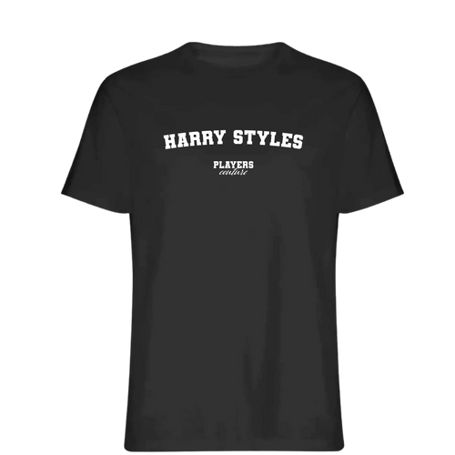 Harry Styles t-shirt – black men's t-shirt with white Harry Styles letters and Players Couture logo on the chest