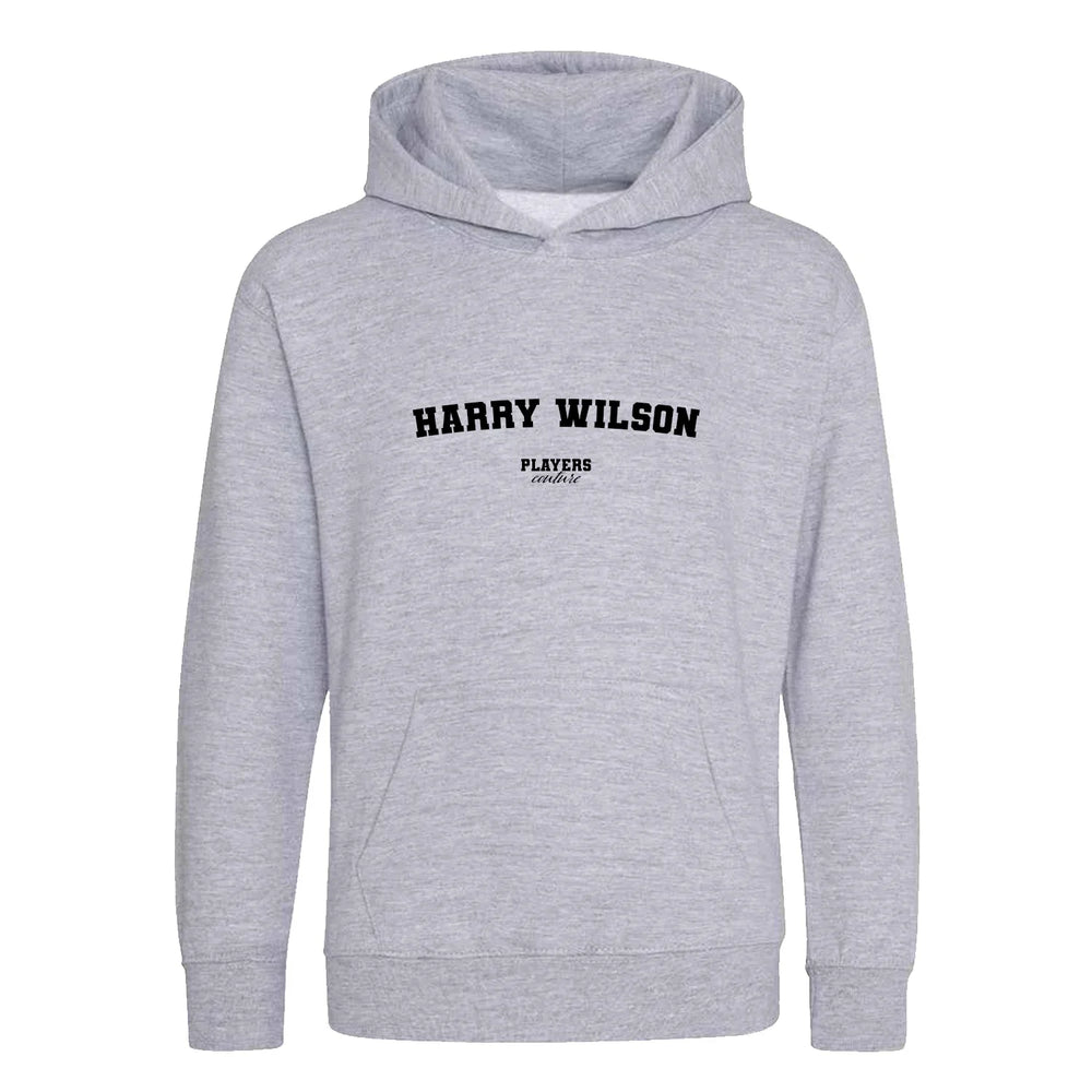 Harry Wilson hoodie – grey kids' hoodie with black Harry Wilson letters and Players Couture logo on the chest