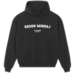 Hasan Minhaj hoodie – black men's hoodie with white Hasan Minhaj letters and Players Couture logo on the chest
