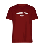 Haydock Park t-shirt – red men's t-shirt with white Haydock Park letters and Players Couture logo on the chest