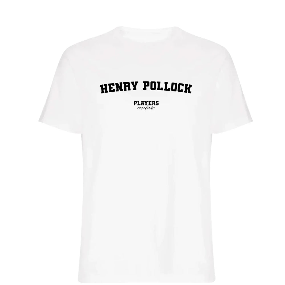 Henry Pollock t-shirt – white men's t-shirt with black Henry Pollock letters and Players Couture logo on the chest