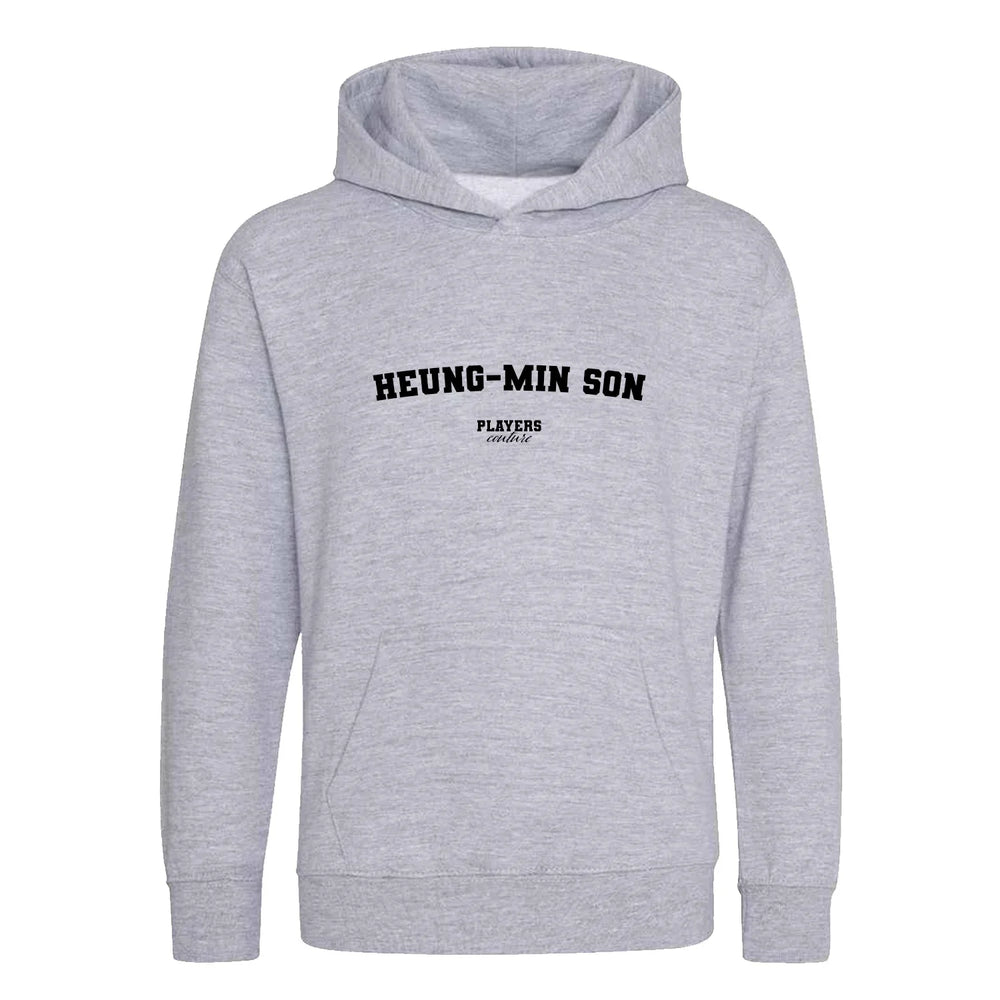 Heung Min Son hoodie – grey kids' hoodie with black Heung Min Son letters and Players Couture logo on the chest