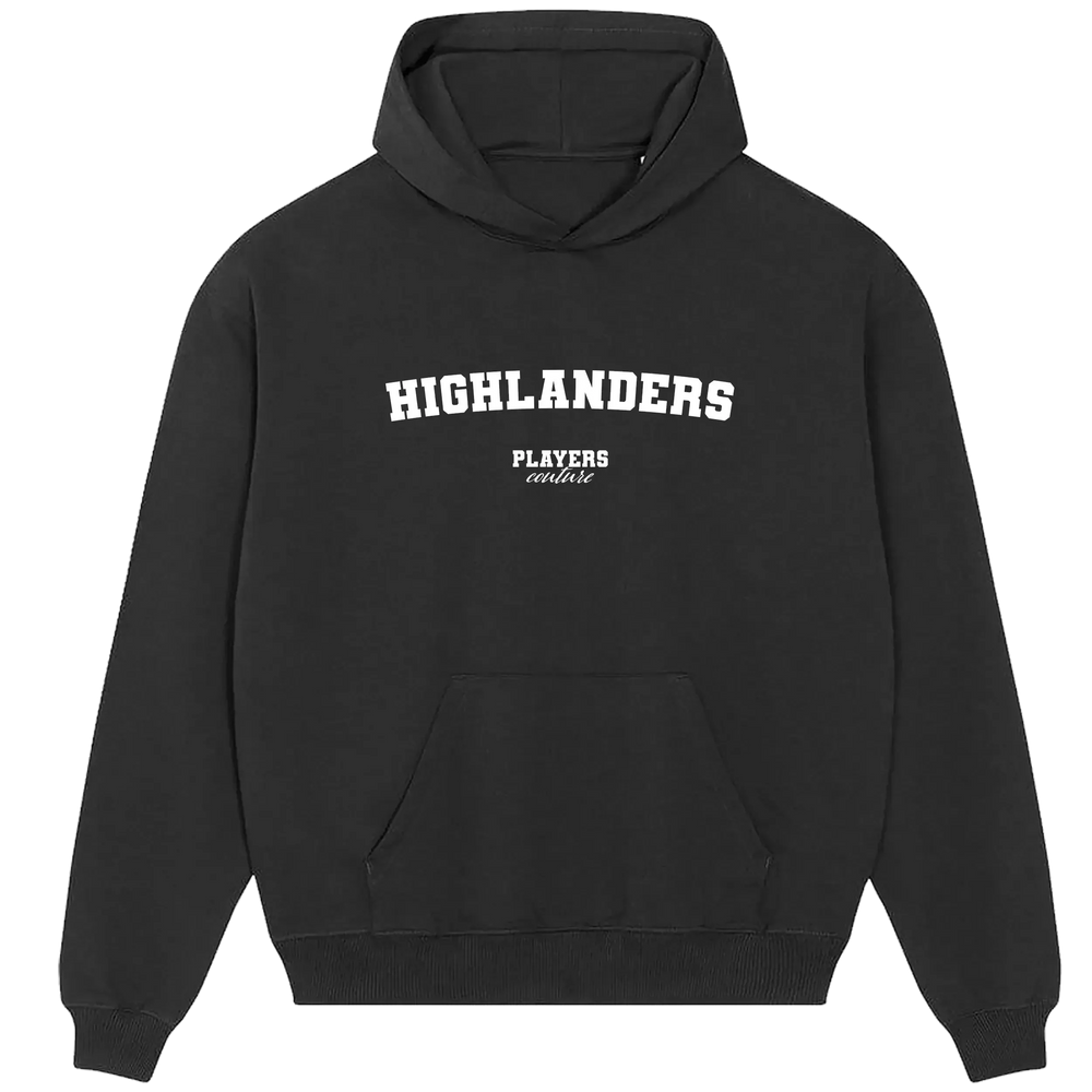Highlanders hoodie – black men's hoodie with white Highlanders letters and Players Couture logo on the chest