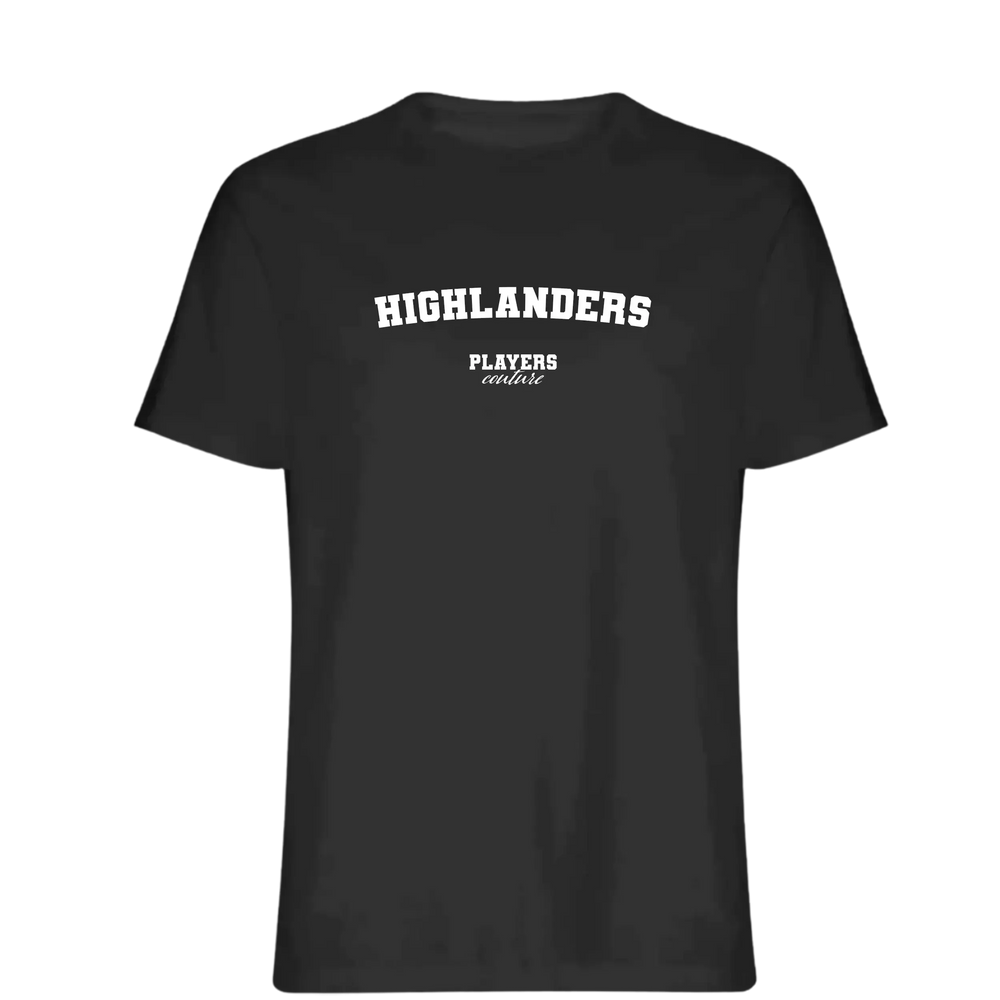 Highlanders t-shirt – black men's t-shirt with white Highlanders letters and Players Couture logo on the chest