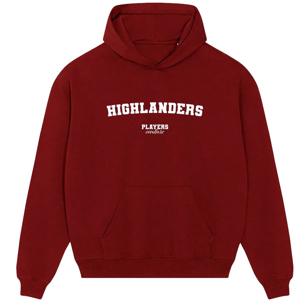 Highlanders hoodie – red men's hoodie with white Highlanders letters and Players Couture logo on the chest