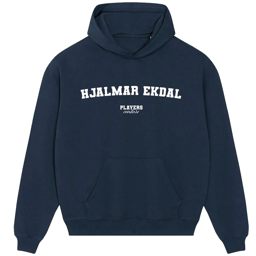 Hjalmar Ekdal hoodie – navy men's hoodie with white Hjalmar Ekdal letters and Players Couture logo on the chest