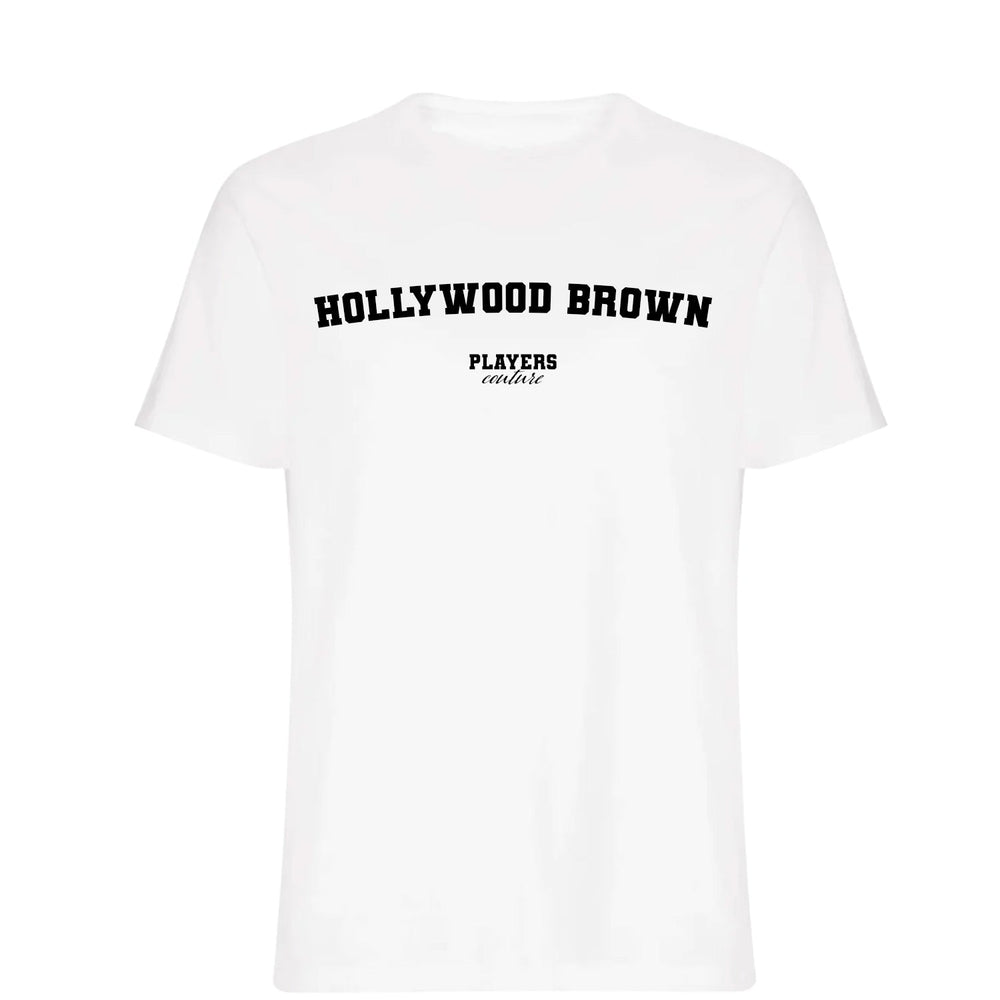 Hollywood Brown men's T-shirt in white with bold name lettering