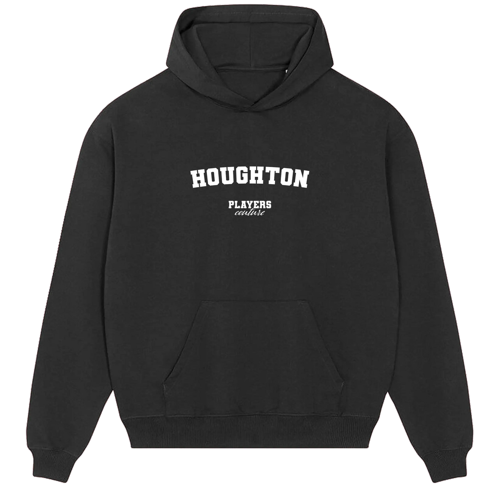 Black Players Couture men's casual hoodie with 'Houghton' white text and front pocket