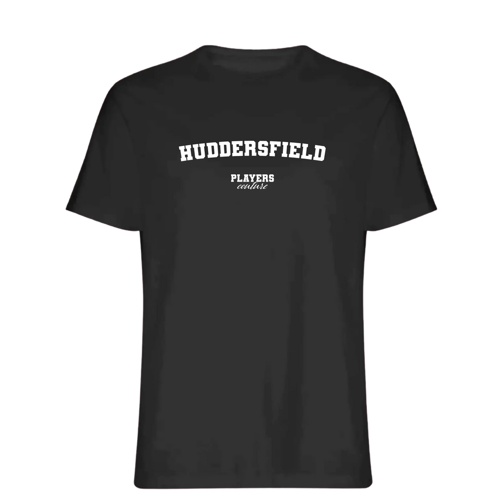 Huddersfield t-shirt – black men's t-shirt with white Huddersfield letters and Players Couture logo on the chest