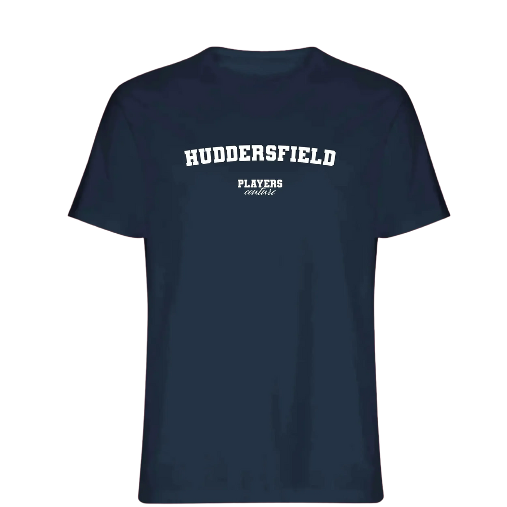 Huddersfield t-shirt – navy men's t-shirt with white Huddersfield letters and Players Couture logo on the chest