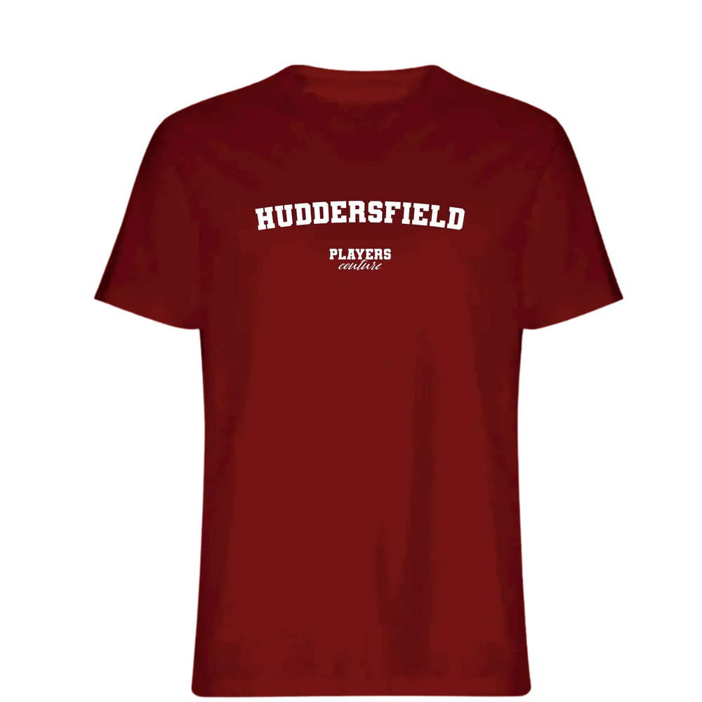 Huddersfield t-shirt – red men's t-shirt with white Huddersfield letters and Players Couture logo on the chest