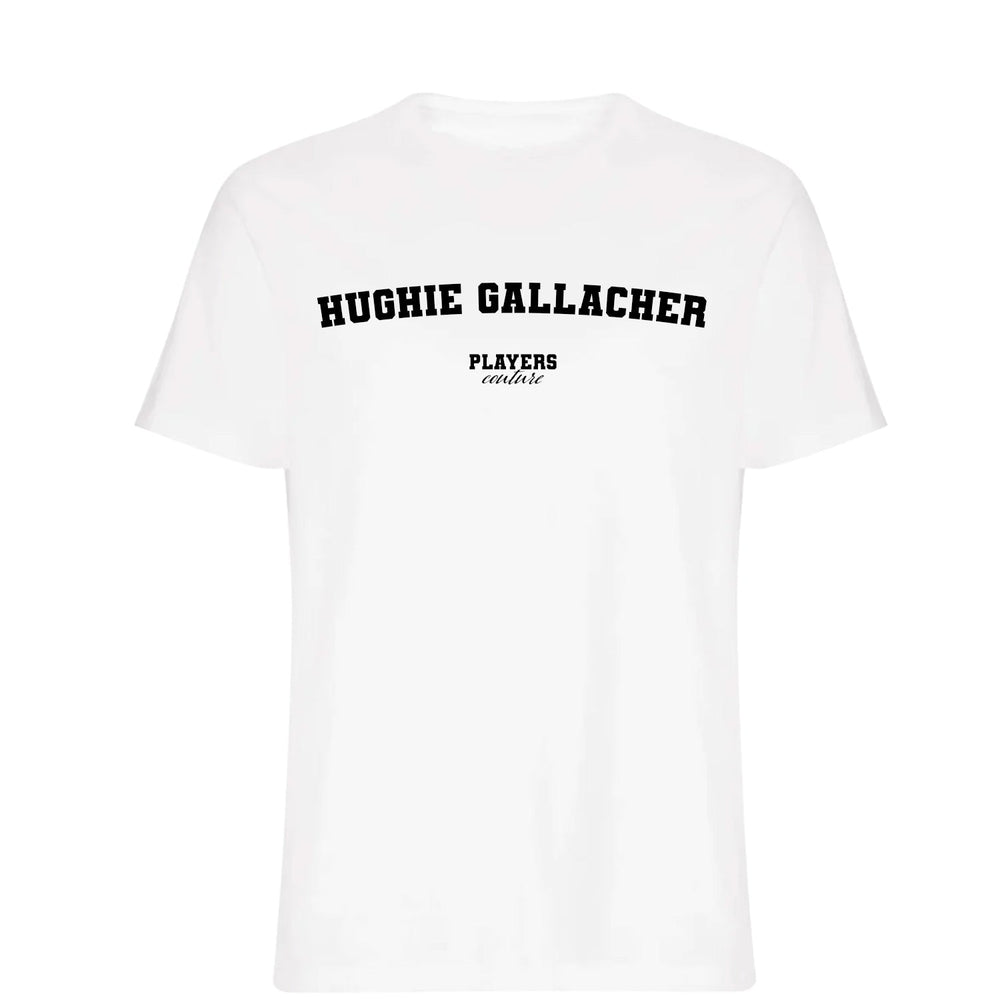 Hughie Gallacher men's T-shirt in white with bold name lettering