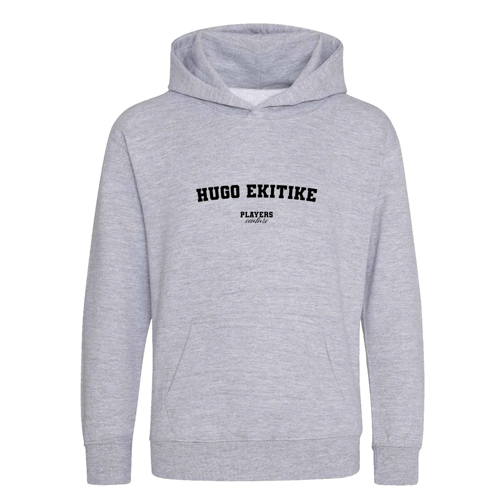 Hugo Ekitike hoodie – grey kids' hoodie with black Hugo Ekitike letters and Players Couture logo on the chest