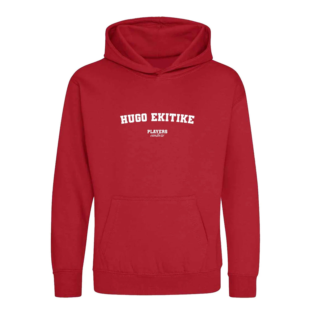 Hugo Ekitike hoodie – red kids' hoodie with white Hugo Ekitike letters and Players Couture logo on the chest