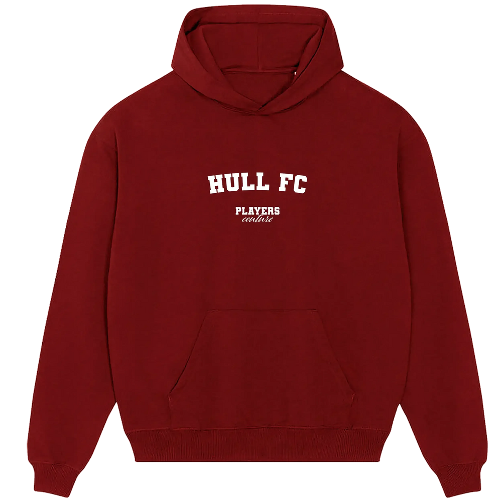 Hull FC hoodie – red men's hoodie with white Hull FC letters and Players Couture logo on the chest