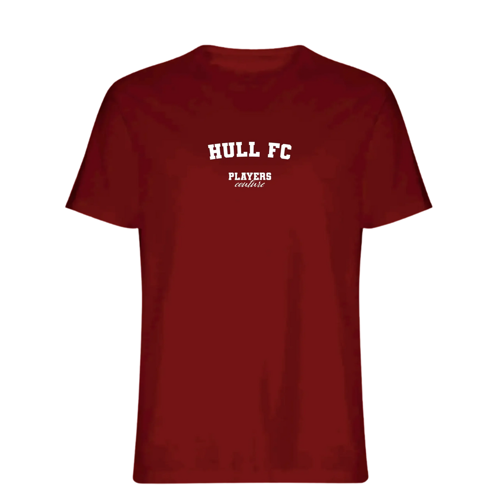 Hull FC t-shirt – red men's t-shirt with white Hull FC letters and Players Couture logo on the chest