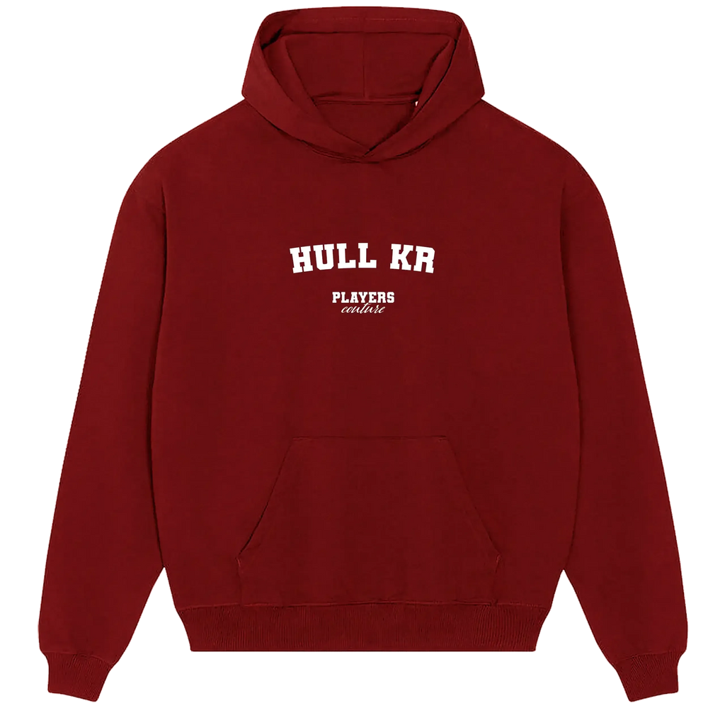 Hull KR hoodie – red men's hoodie with white Hull KR letters and Players Couture logo on the chest
