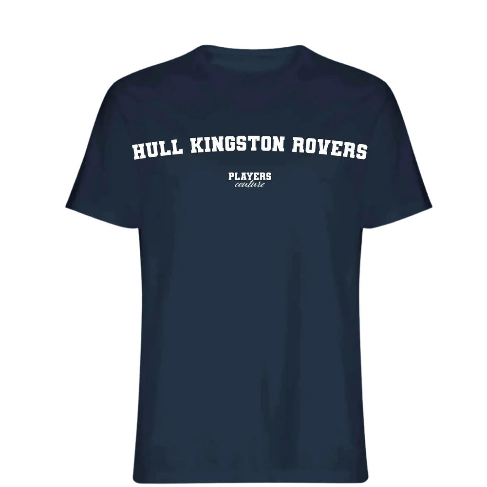 Hull Kingston Rovers t-shirt – navy men's t-shirt with white Hull Kingston Rovers letters and Players Couture logo on the