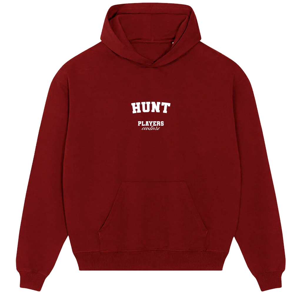 Men's burgundy Players Couture hoodie with 'HUNT' and stylish sports-inspired design.