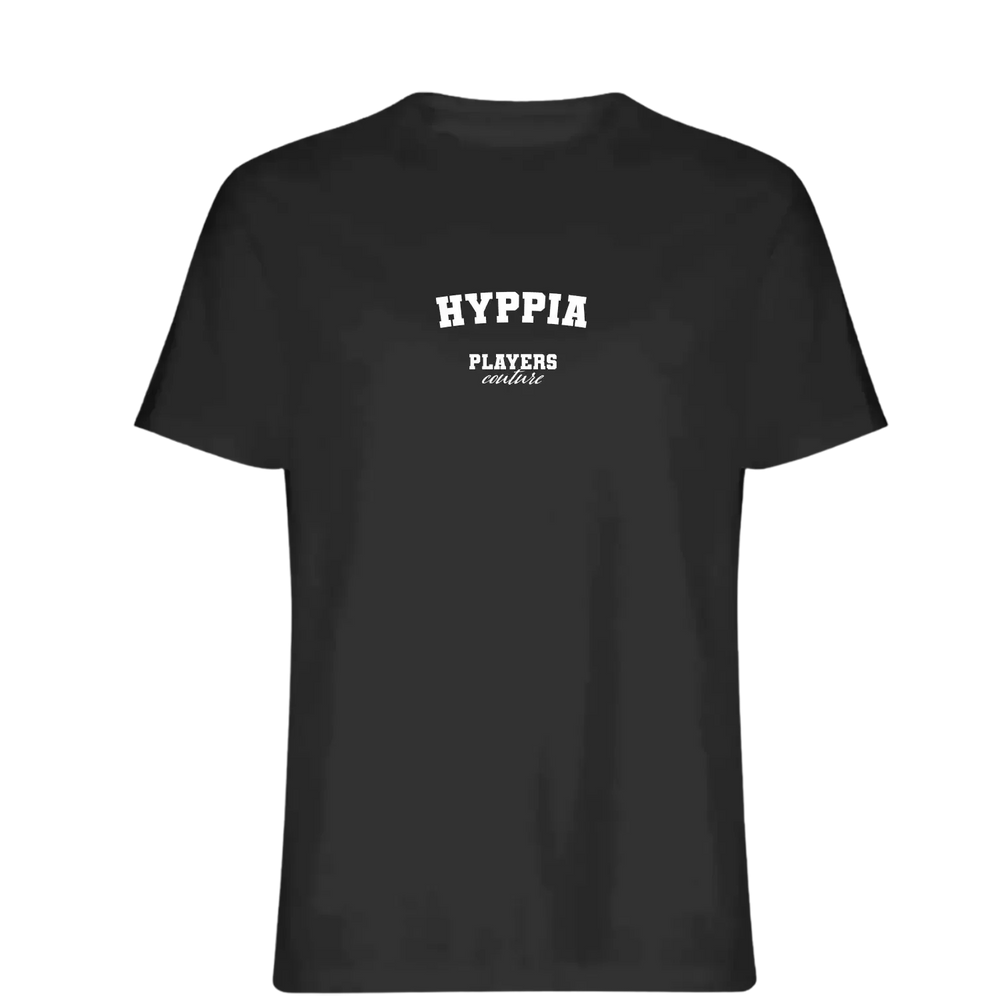 Hyppia t-shirt – black men's t-shirt with white Hyppia letters and Players Couture logo on the chest