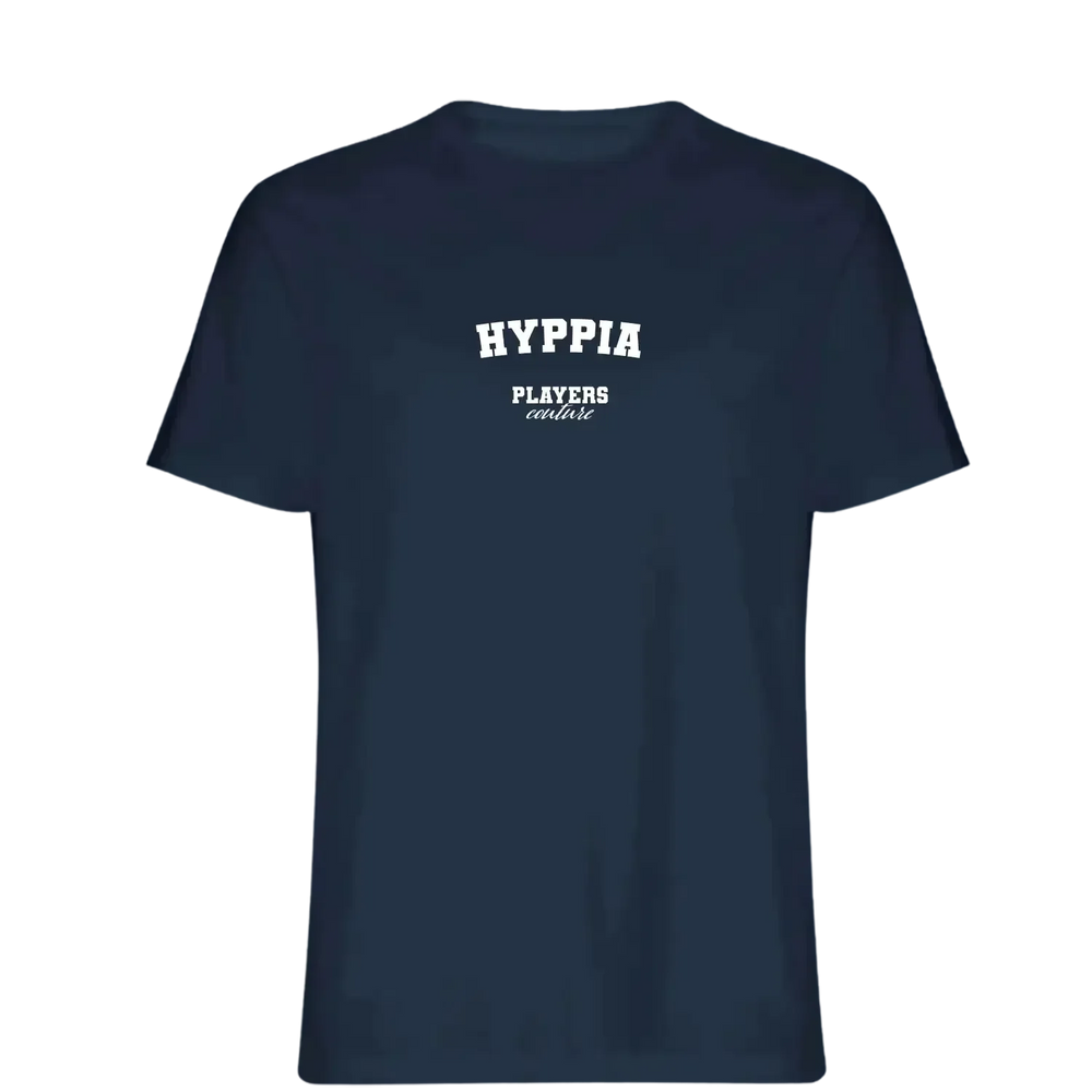 Hyppia t-shirt – navy men's t-shirt with white Hyppia letters and Players Couture logo on the chest
