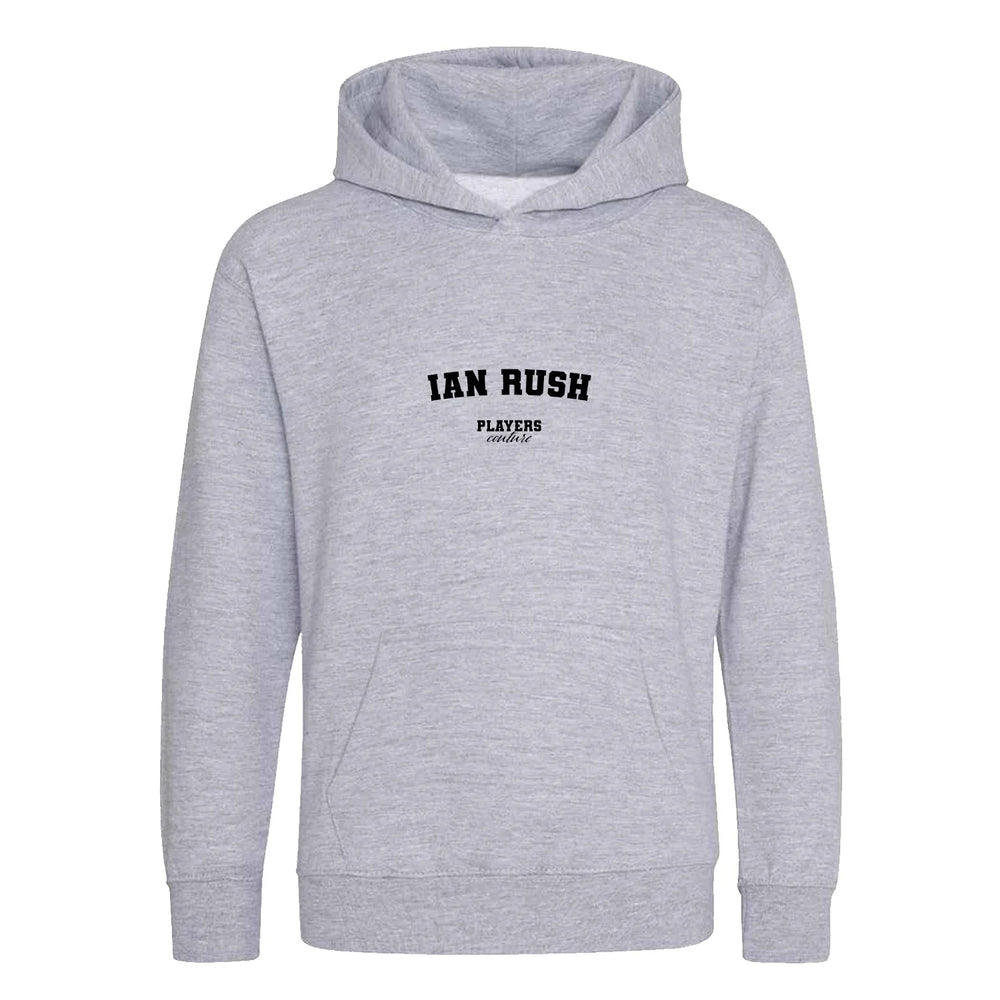 Ian Rush hoodie – grey kids' hoodie with black Ian Rush letters and Players Couture logo on the chest