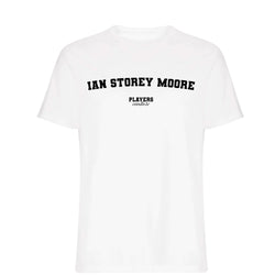 Ian Storey-Moore men's T-shirt in white with bold name lettering