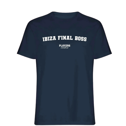 Ibiza Final Boss t-shirt – navy men's t-shirt with white Ibiza Final Boss letters and Players Couture logo on the chest
