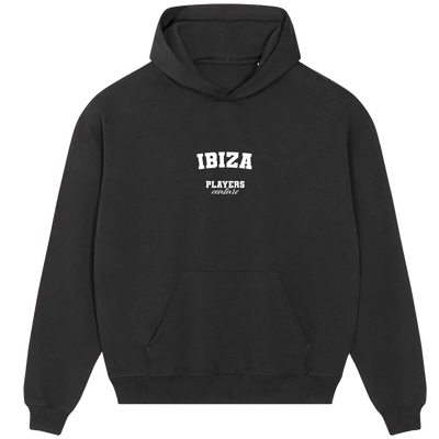 Ibiza hoodie – black men's hoodie with white Ibiza letters and Players Couture logo on the chest