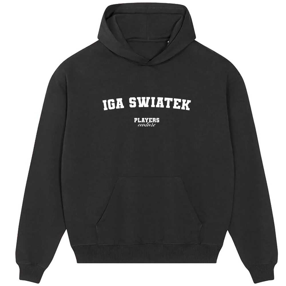 Iga Swiatek hoodie – black men's hoodie with white Iga Swiatek letters and Players Couture logo on the chest
