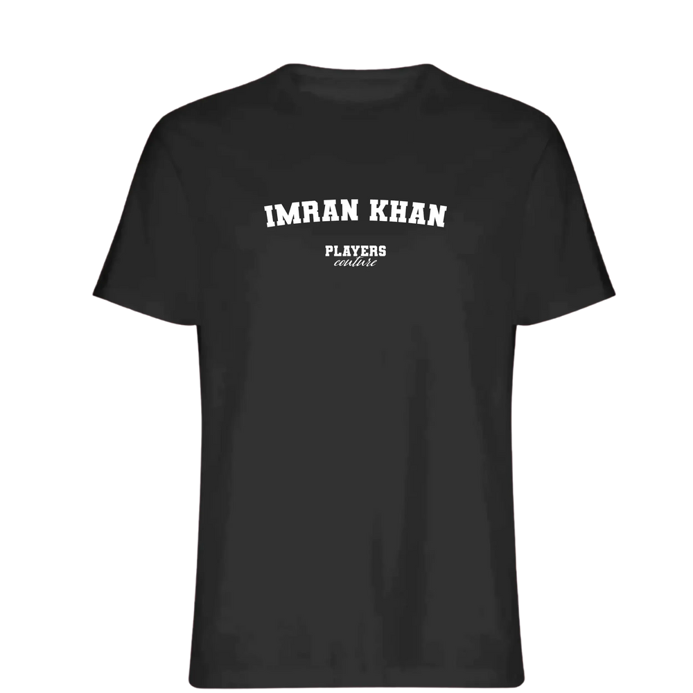 Imran Khan t-shirt – black men's t-shirt with white Imran Khan letters and Players Couture logo on the chest