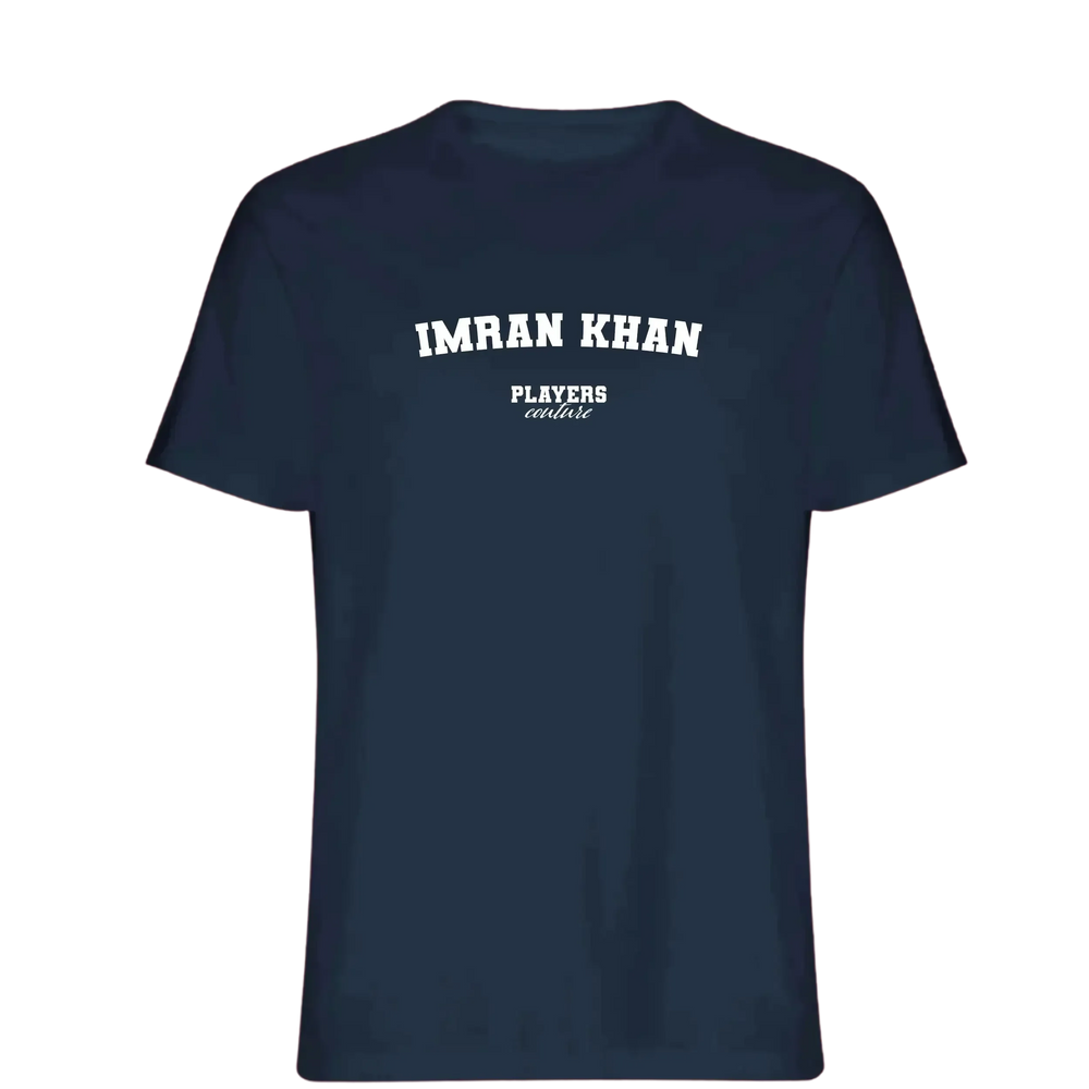 Imran Khan t-shirt – navy men's t-shirt with white Imran Khan letters and Players Couture logo on the chest