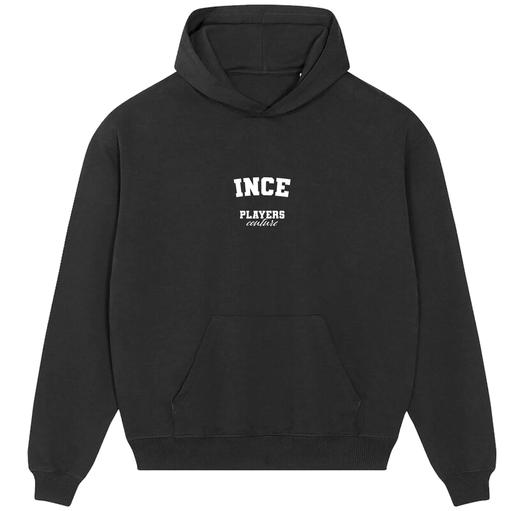 Black Players Couture men's casual hoodie with INCE logo and front pocket, premium sportswear.